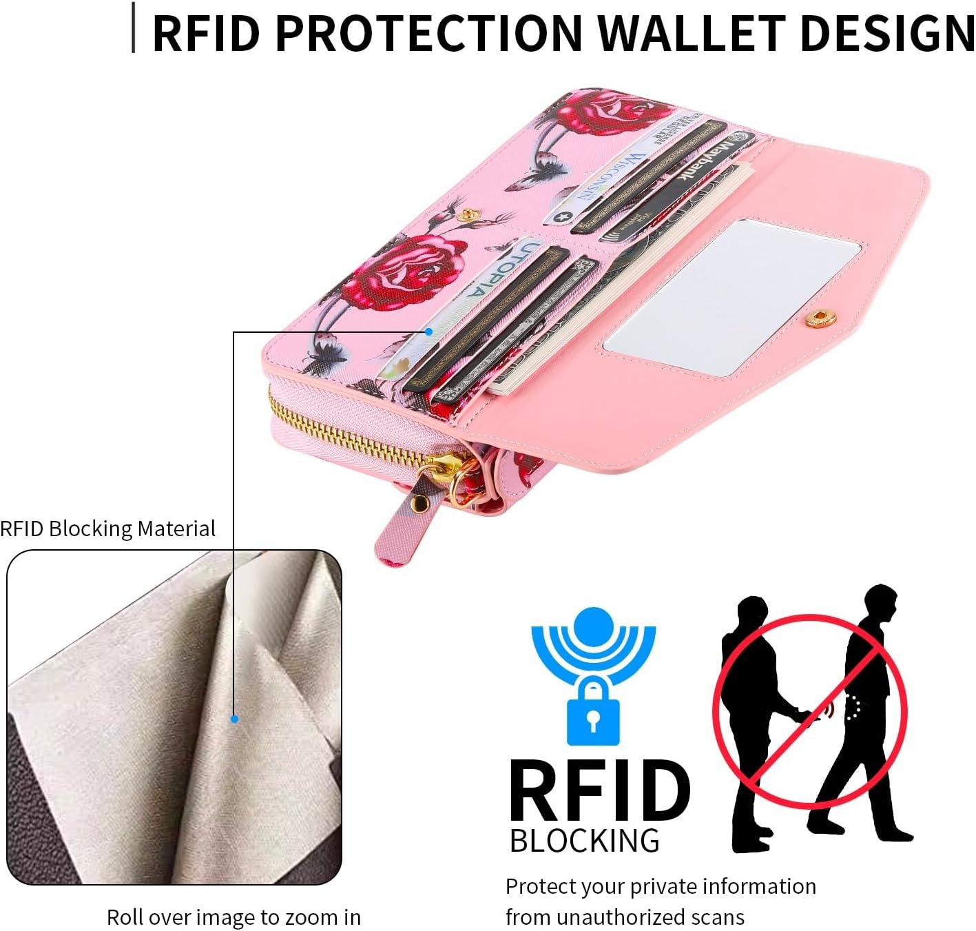 for iPhone 15 Plus Wallet Case, Magnetic Removable PU Leather Flip Phone Case with Card Holder, RFID Blocking Wristband, Mirrored Zipper Wallet for Women Pink