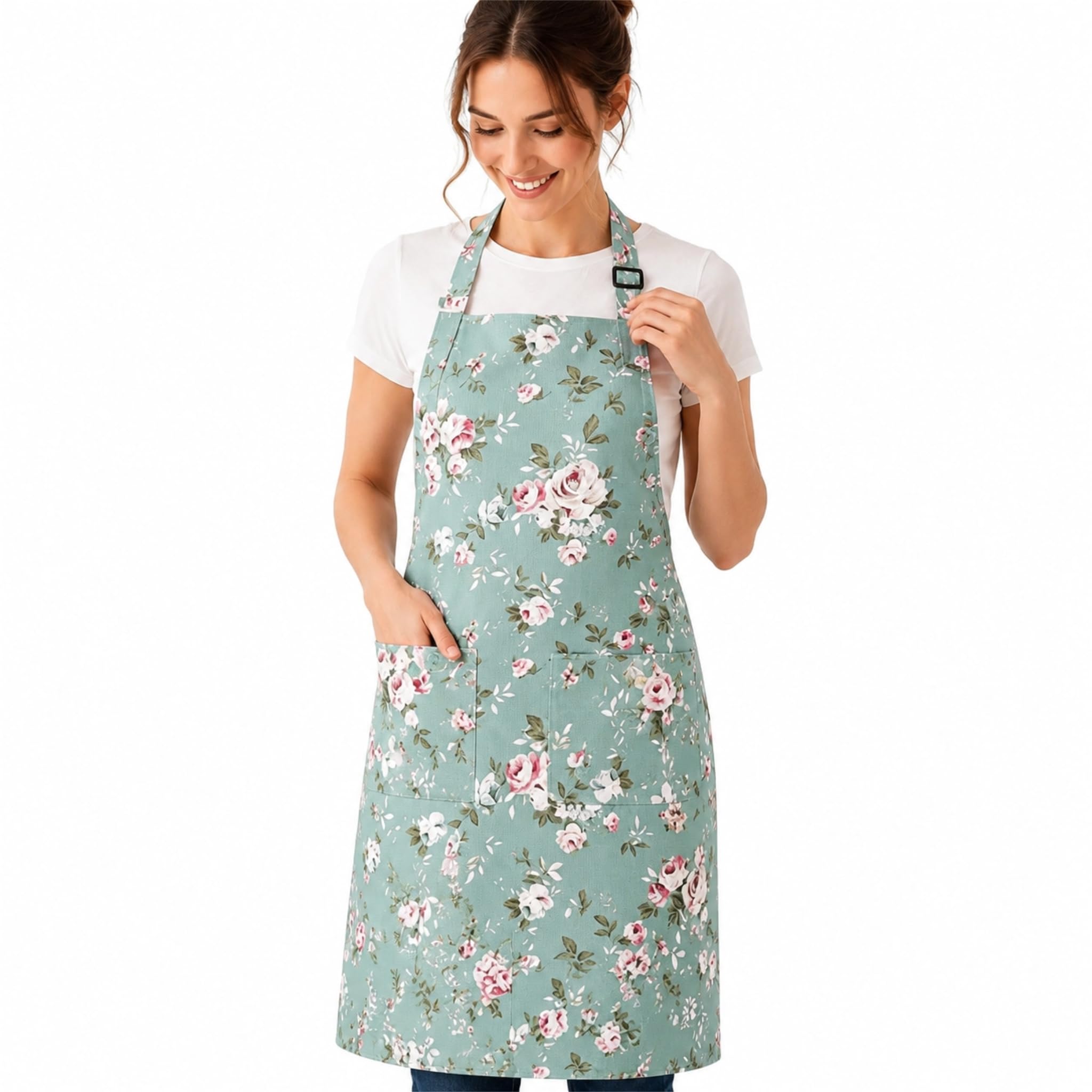 Votuda Floral Kitchen Apron for Women with Pockets, Adjustable Cotton Linen Cooking Apron, Lightweight Durable Chef Apron for Cooking Baking Gardening Cleaning， Green