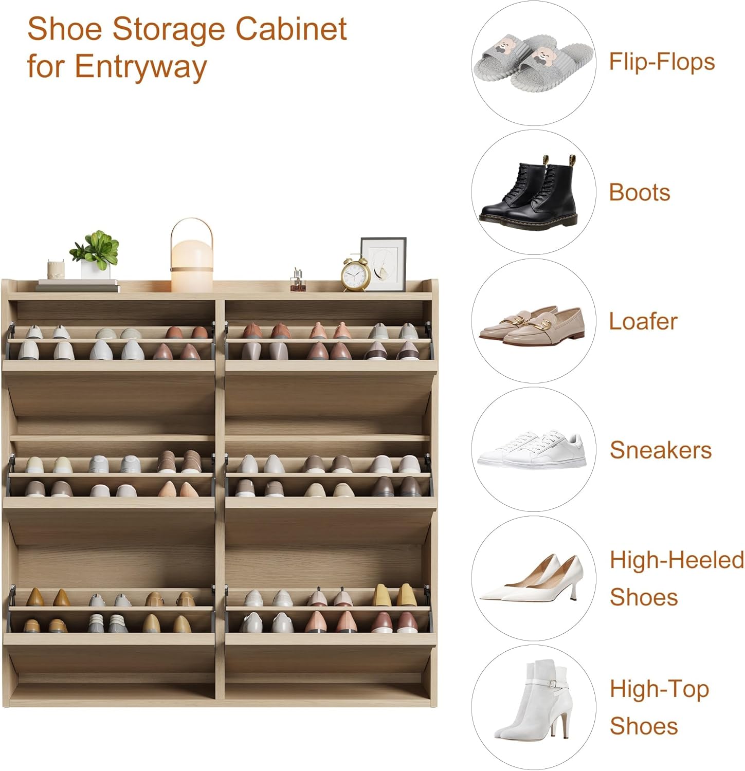 Shoe Storage Cabinet with 6 Flip-Down Doors, Wooden Entryway Shoe Organizer with Adjustable Shelf, Hidden Hallway & Living Room Storage