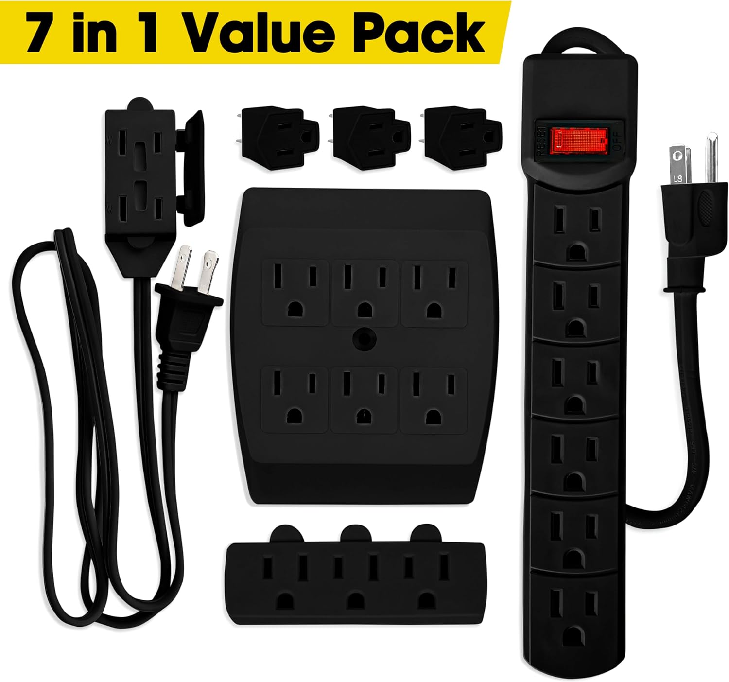 7 Piece Power Value Pack, Multi-Outlet Kit Set Includes: 6 Outlet Power Strip 16/3 | 6 Outlet Extender | 3 Outlet Extender, | 5 Ft Indoor Extension Cord, | 3 Pcs 3 to 2 Prong Adopters, | Black