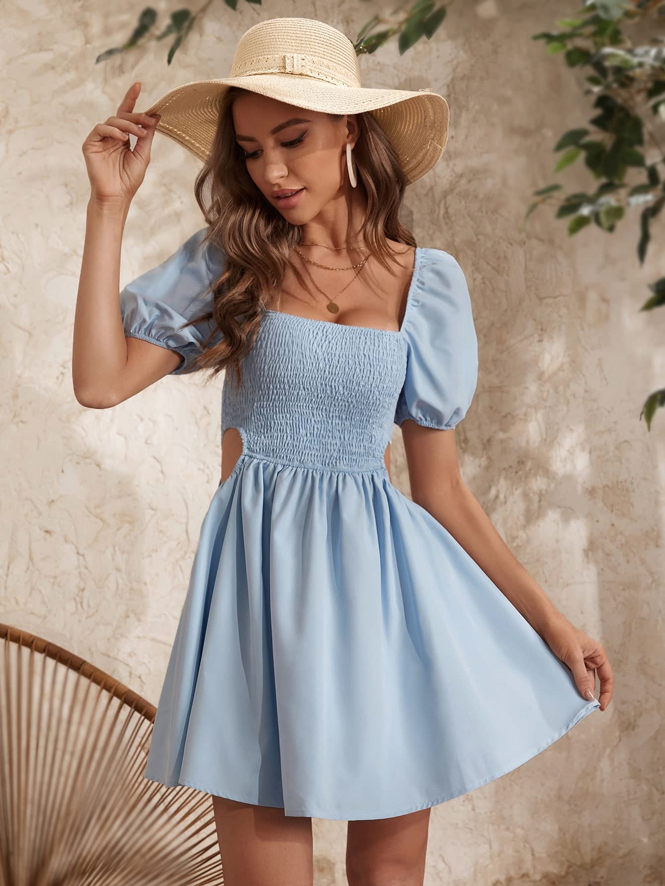 Amazon.com: Women's Dresses Square Neck Puff Sleeve Cut Out Waist Dress  Dress for Women (Color : Baby Blue, Size : Large) : Clothing, Shoes &  Jewelry