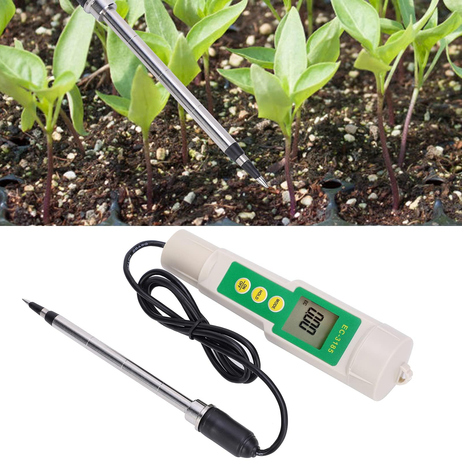 LiebeWH Medidor de Suelo Portátil 3 en 1 EC CF TDS con Sonda de Acero Inoxidable Pantalla de Visualización para Medición de Salinidad en Agricultura y Jardinería