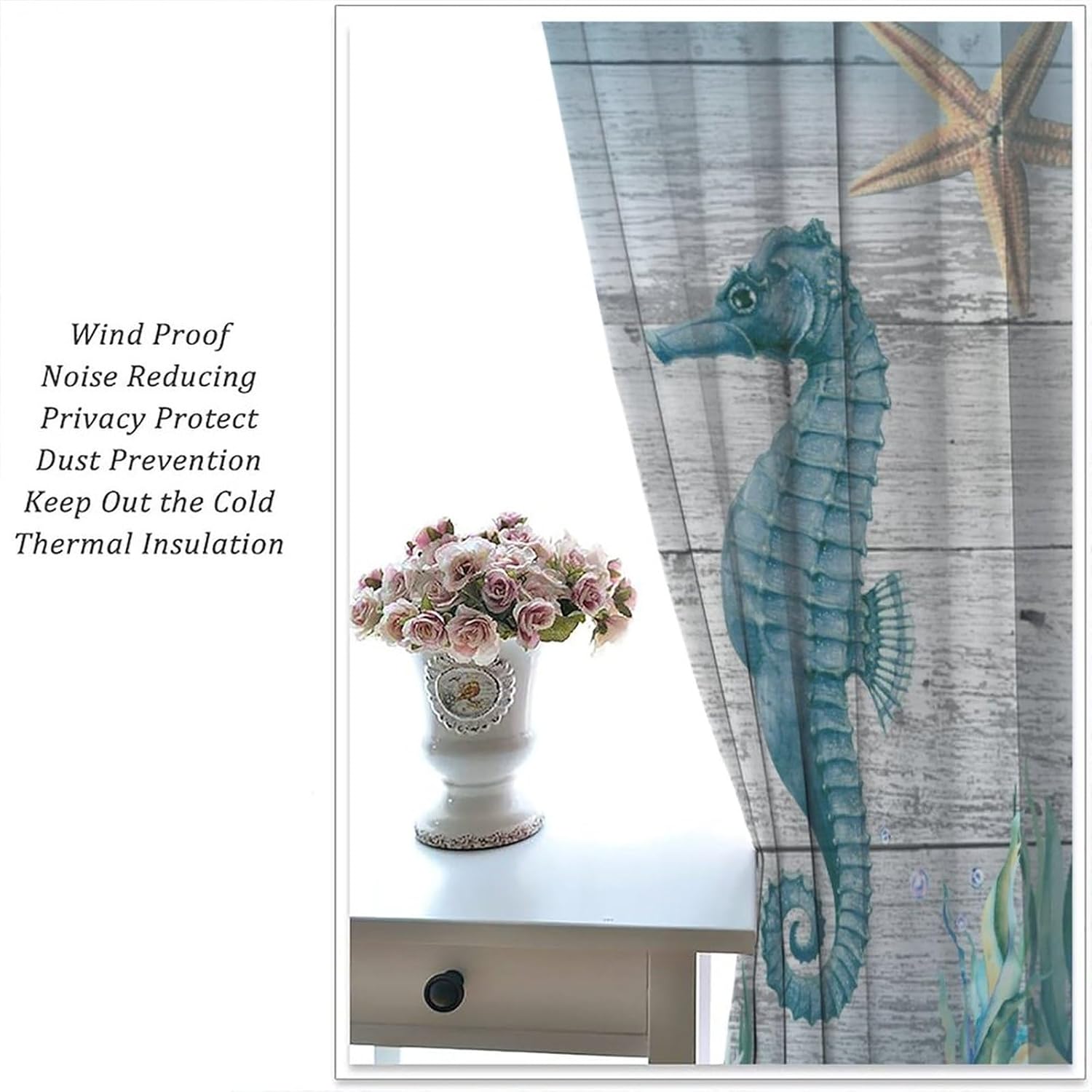 Sea Seahorse Blackout Curtains for Bedroom, Retro Compass Wooden Nautical Coastal Ocean Seahorse Starfish Theme Rod Pocket Thermal Insulated Room Darkening Curtains Bedroom Curtains 42x54 Inch