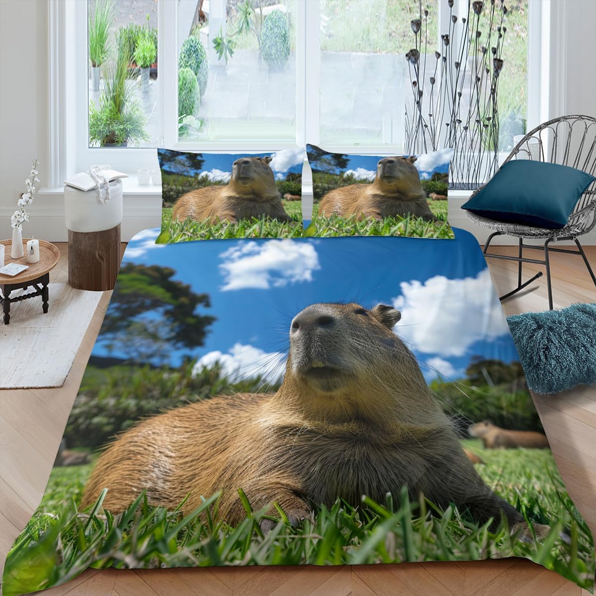 Housse de couette 155x220 capybara en microfibre avec 2 taies d'oreiller