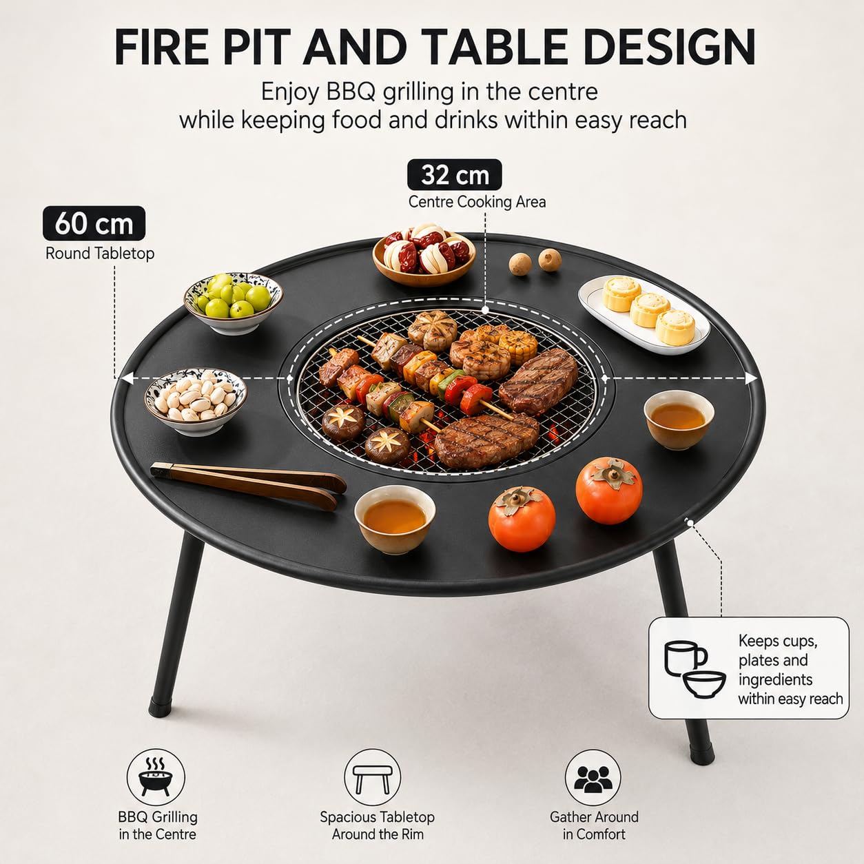 Stolik paleniskiem na węgiel drzewny, okrągły grill ogrodowy 60 cm