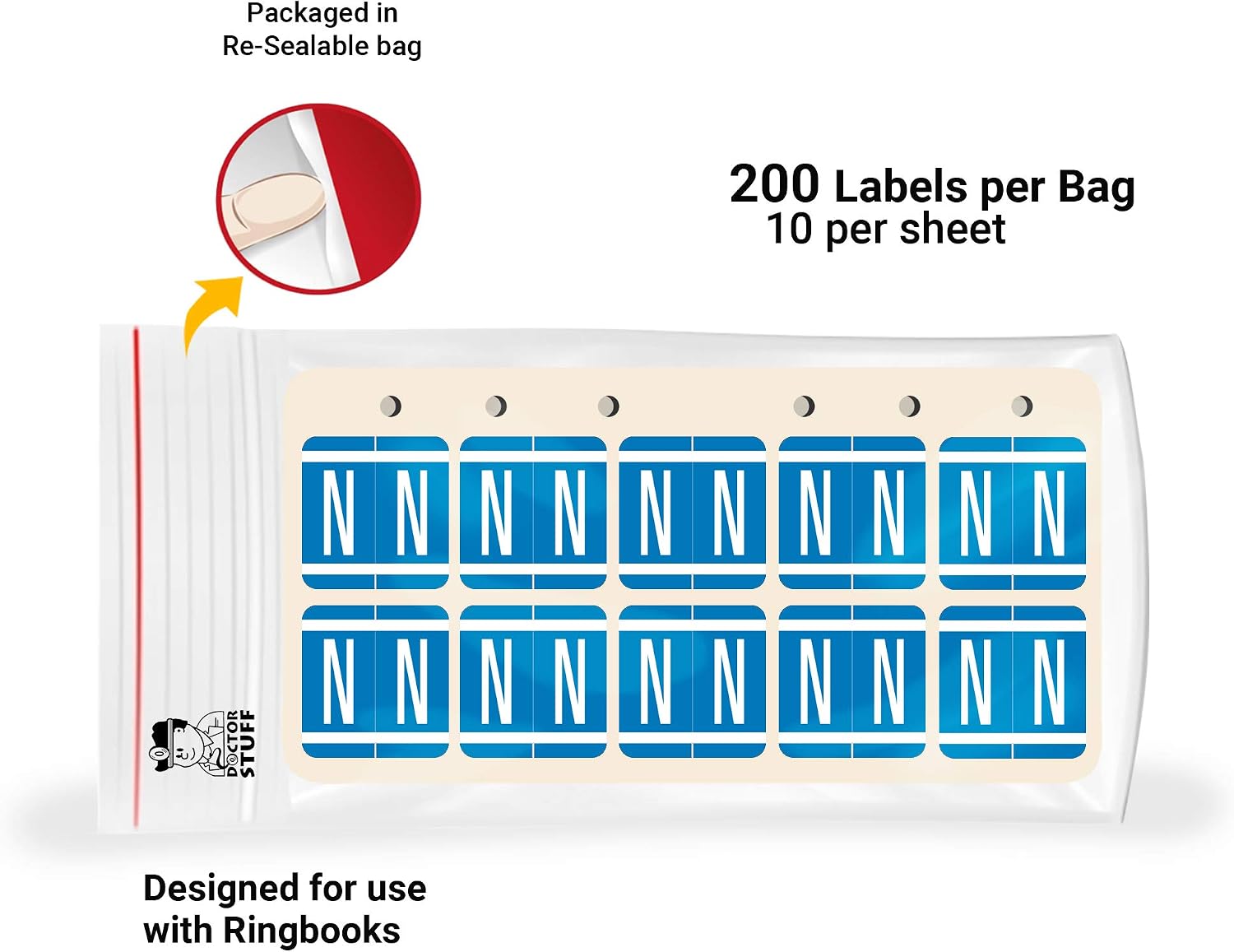 Doctor Stuff - File Folder Labels, Ringbook Sheets Alphabet Letter N, VRE/GBS 8850 - VRAM Series Compatible Alpha Stickers, Blue, 1.3" x 1.25", 200/Package