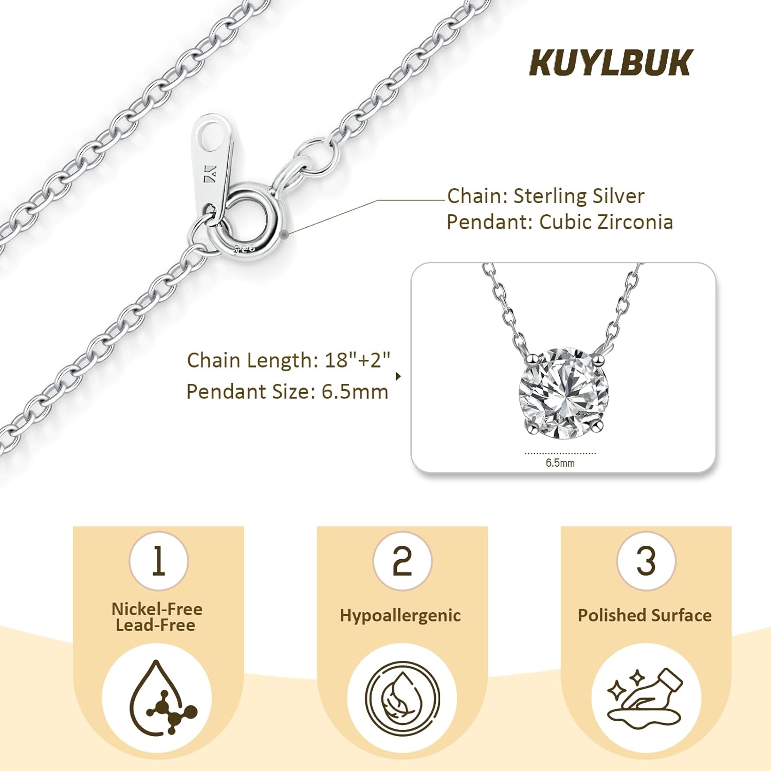 925 Sterling Silver Necklace Solitaire (6.5mm) 5A Cubic Zirconia Necklace Pendant Dainty Hypoallergenic CZ Necklaces for Women | 18"+2" Adjustable Chain - Image 2