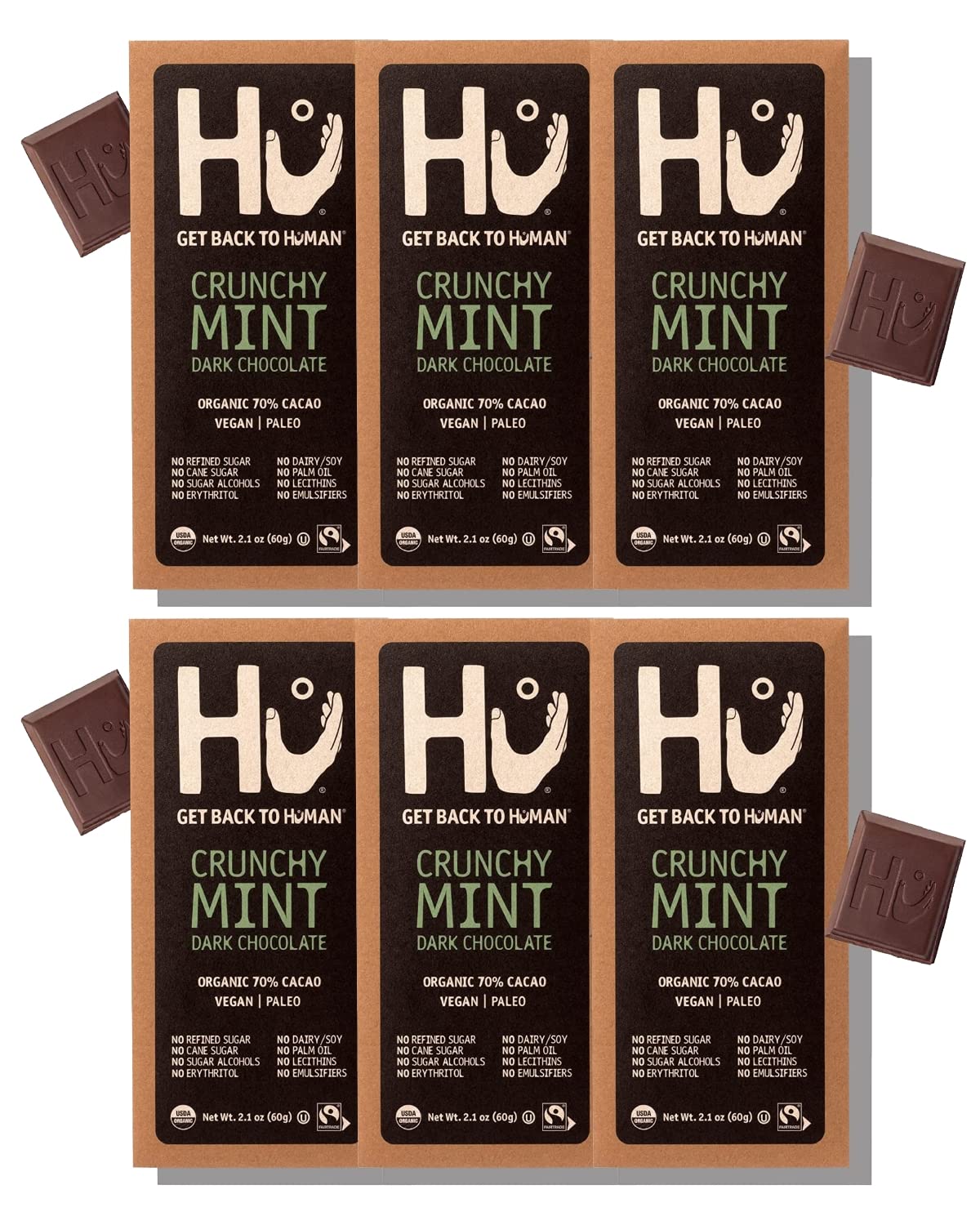Hu Chocolate Bars | 6 Pack Crunchy Mint Chocolate | Natural Organic Vegan, Gluten Free, Paleo, Non GMO, Fair Trade Dark Chocolate | 2.1oz Each