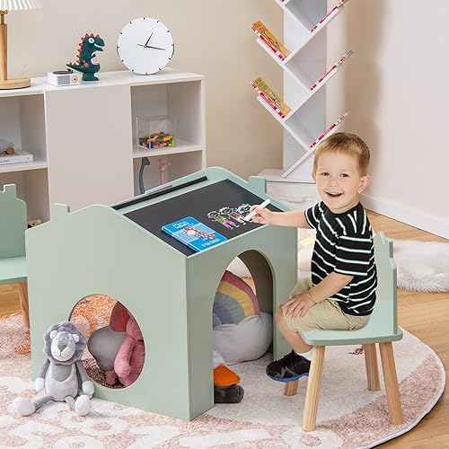 Miniatura 7 de Costzon Juego de mesa y silla para niños juego de mesa de madera de 3 piezas para niños pequeños con pizarras para artes manualidades lectura dibujo