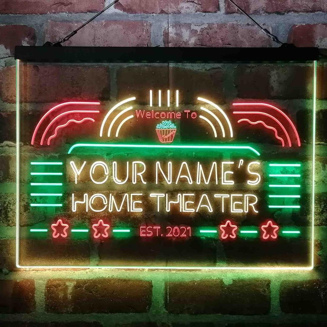 Personalized Home Theater Tri-Color LED Neon Light Sign Customize Name Date Text Quote Font Green & Red & Yellow 17.7 x 13.6 Inches st9s43-ph1-tm-gry