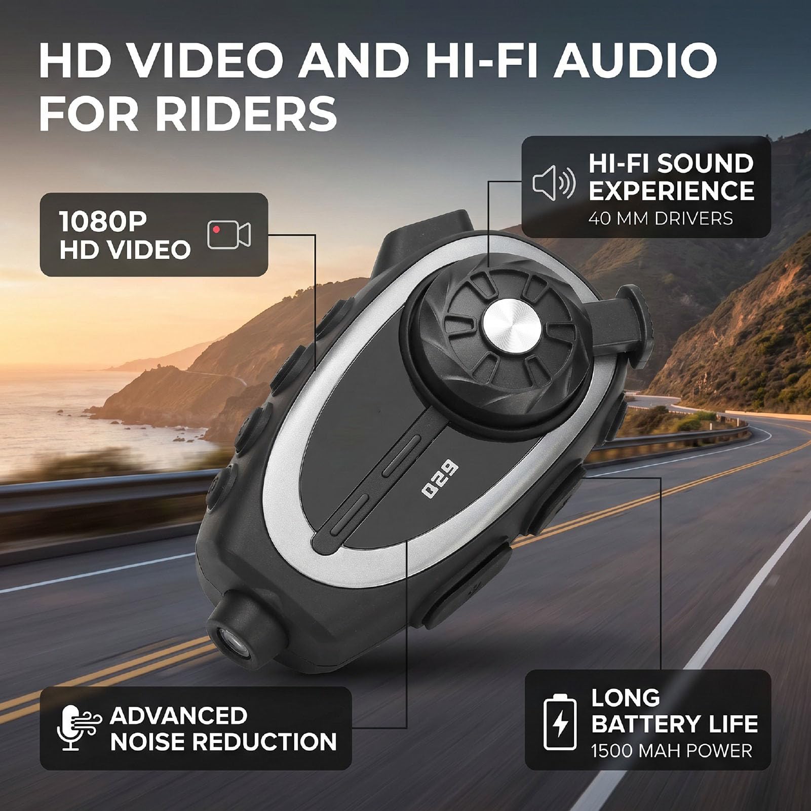 Auricolare Bluetooth per Casco Moto con Fotocamera, Registrazione 1080P, Altoparlante HiFi da 40 Mm, Impermeabile IPX6, Bluetooth 5.4, Riduzione del Rumore