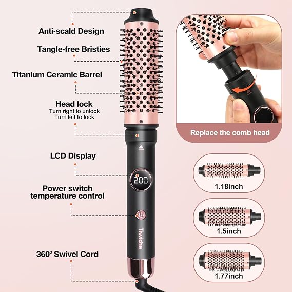 Thermal Brush Set, 3-in-1 Non-Blowing Heated Round Brush with Adjustable Temp, Fast Heating Titanium Ceramic, Dual Voltage, Hair Curling Iron with Detachable Barrels (1.18/1.5/1.77)