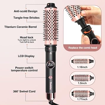 Thermal Brush Set, 3-in-1 Non-Blowing Heated Round Brush with Adjustable Temp, Fast Heating Titanium Ceramic, Dual Voltage, Hair Curling Iron with Detachable Barrels (1.18/1.5/1.77)