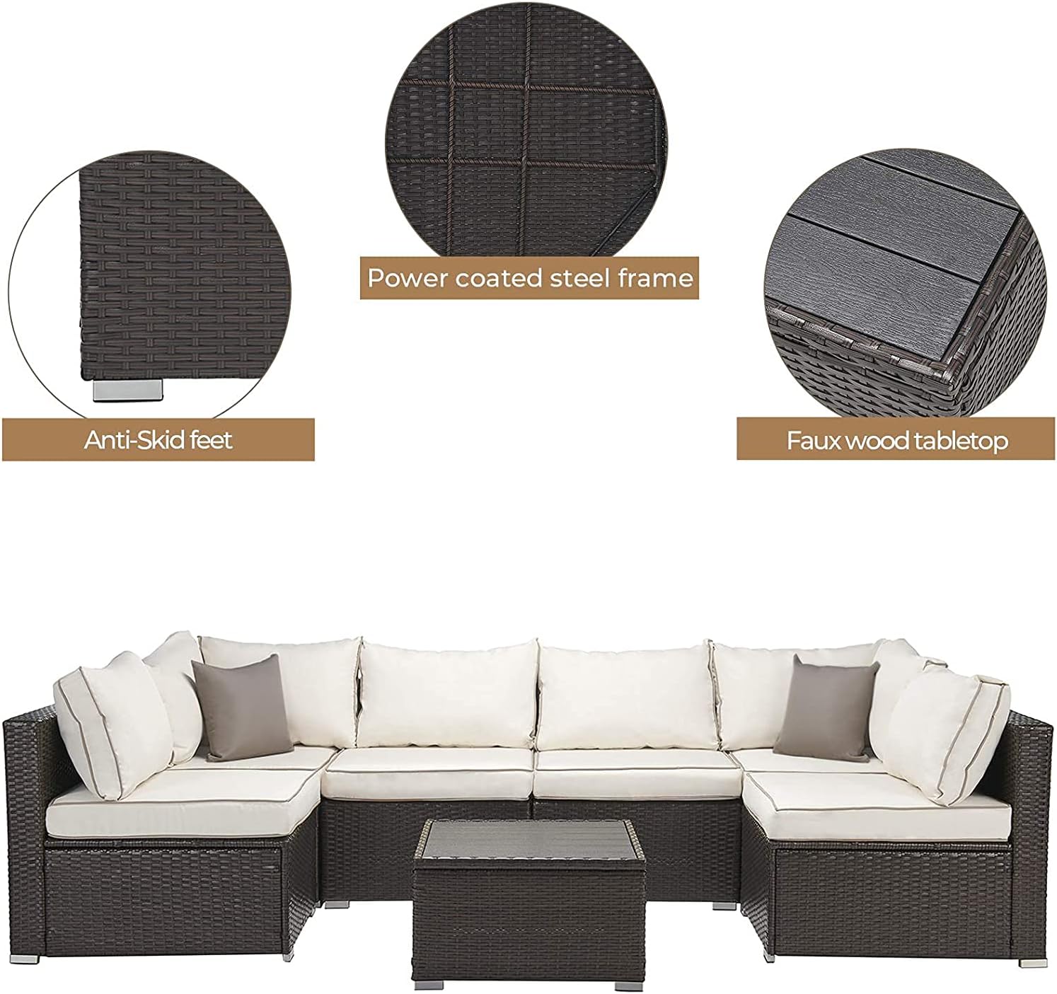 Laurel Canyon Outdoor Patio Furniture 7 Piece Rattan Sectional Sofa, Wicker Conversation Sets with Faux Wood Top Tea Table and Cushions, Brown : Patio, Lawn & Garden