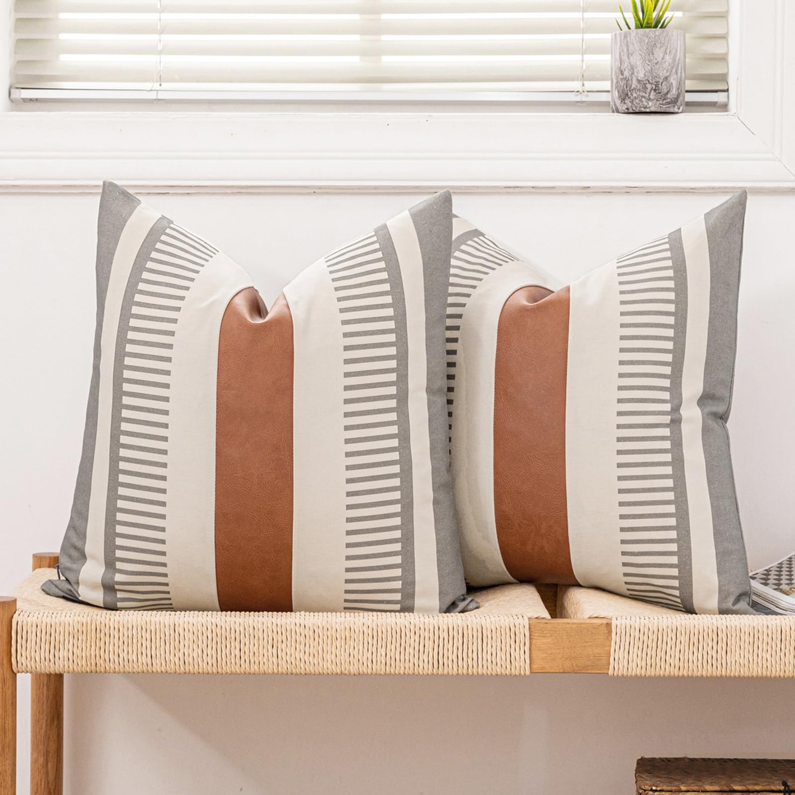 Vfuty 2 Pack 18x18 Inch Pillow Covers - Brown Faux Leather & Gray Stripe Print Soft Cotton Splicing, Same Pattern Both Sides | for Sofa Couch Bed Living Room, Farmhouse Industrial Minimalist Decor — image 1