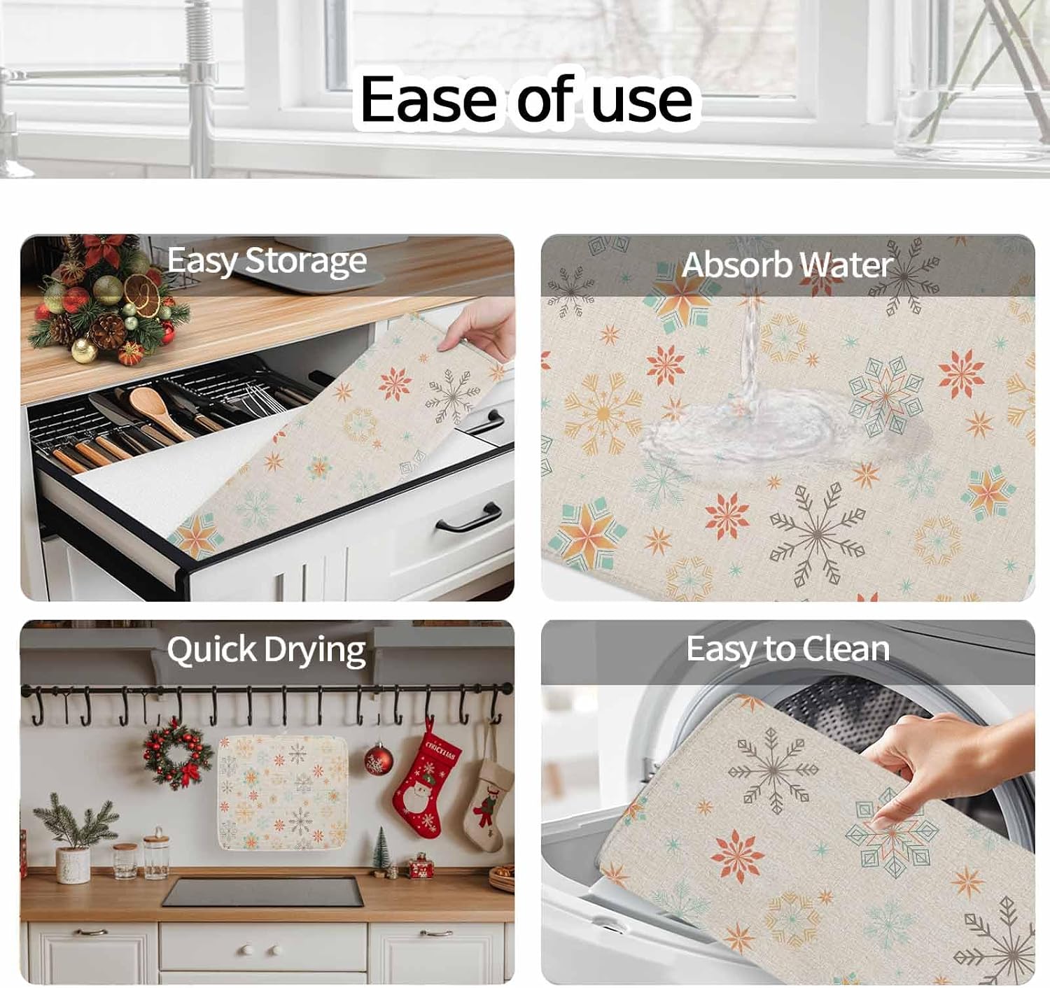 Vintage Christmas Snowflakes Dish Drying Mats for Kitchen Counter,Absorbent Microfiber Dish Drainer Rack Mat Geometric Pattern on Linen Drying Pad for Sinks,Utensils,Countertops,18x24in