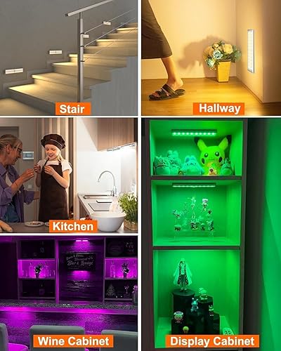 Miniatura 7 de 58 luces LED para debajo del gabinete, luz recargable con sensor de movimiento RGB para interiores con control remoto, paquete de 2 luces