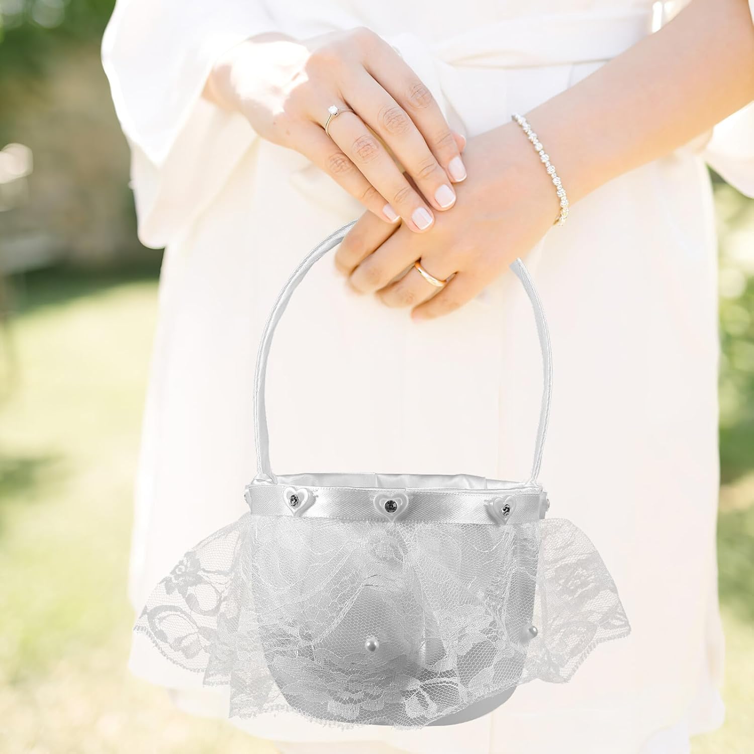 COLLBATH Rustic Wedding Flower Girl Basket with Lace Bow Handheld White Flower Basket for Bridal Party Ceremony Supplies