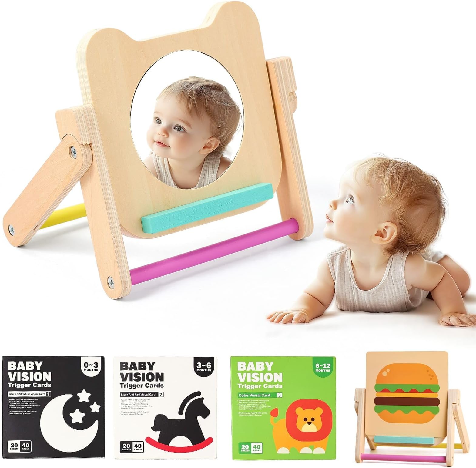 Rotating Baby Safe Mirror with 120 Pages Visual Stimulation Cards - Wooden Tummy Time Mirror Toys - Black White Red and Color High Contrast Baby Flashcards for Brain and Cognitive Development