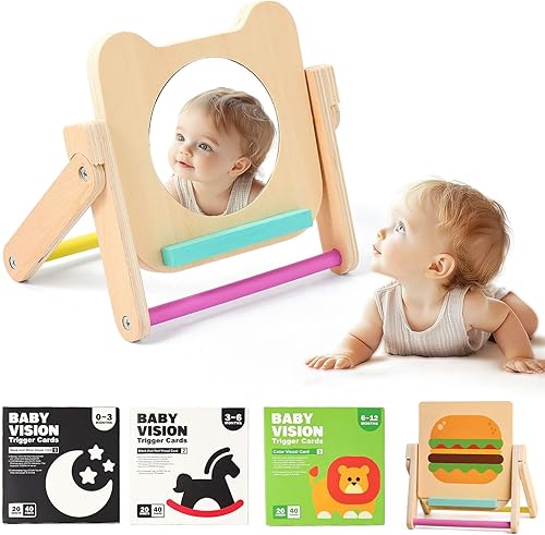 Espejo giratorio seguro para bebés con tarjetas de estimulación visual de 120 páginas, juguetes de espejo de madera para el tiempo boca abajo,