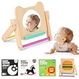 Rotating Baby Safe Mirror with 120 Pages Visual Stimulation Cards - Wooden Tummy Time Mirror Toys - Black White Red and Color High Contrast Baby Flashcards for Brain and Cognitive Development