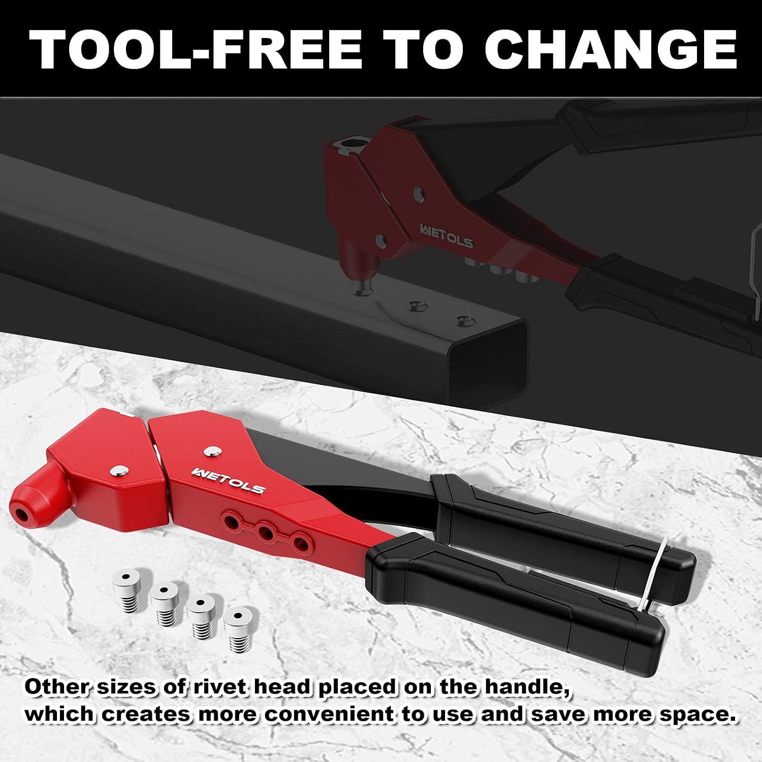 WETOLS Rivet Gun with 120 Rivets, Hand Rivet Tool 360° Swivel Head Pop Rivet Gun Kit with 4 Manual Interchangeable Rivet Heads 2.4mm, 3.2mm, 4.0mm, 4.8mm and 4 Drill Bits, Sturdy Case, WE-895