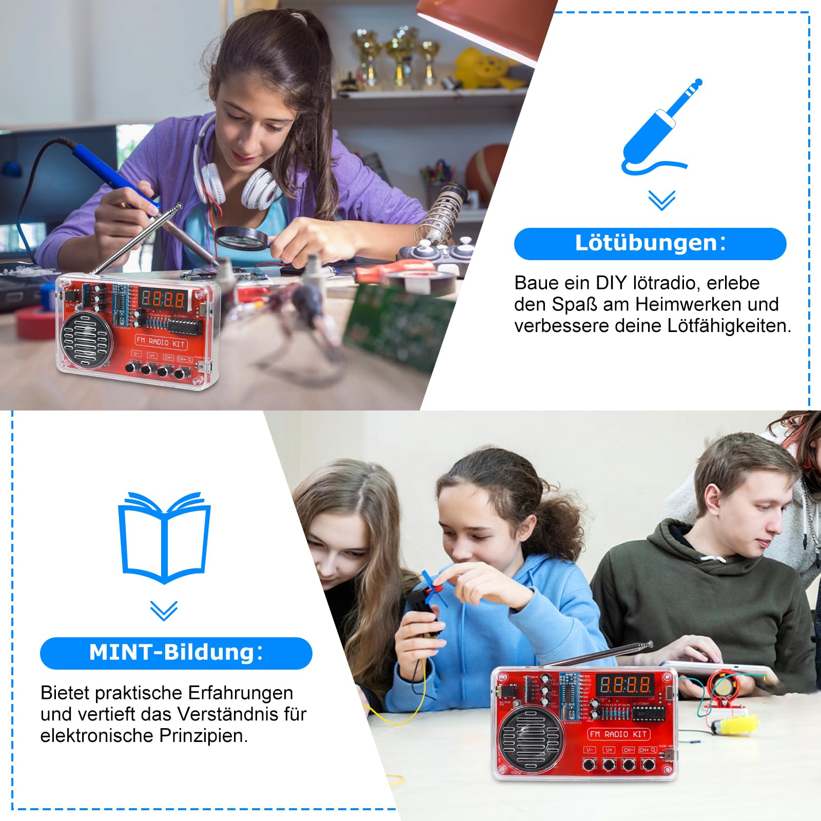 Pemenol - Kit práctico de soldadura para radio con auriculares y pantalla digital USB, kit electrónico para estudiantes, educación y bricolaje, entrenamiento, para adultos, regalo de Navidad