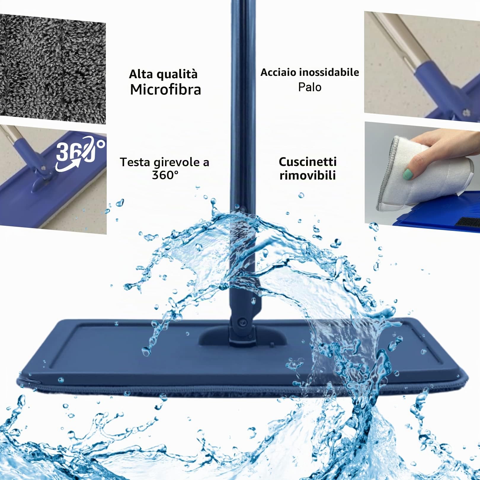 Set Mocio Lavapavimenti e Secchio Autoclean Mop 360º, Doppia Vaschetta,Uso Bagnato e Asciutto, Manico in Acciaio Inox, Panno in microfibra incluso, Mocio Lavapavimenti Rotante