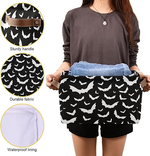 Miniatura 3 de Cesta de almacenamiento de murciélagos negros para decoración de Halloween, cesta de almacenamiento plegable de tela, cubo con asas, juguetes