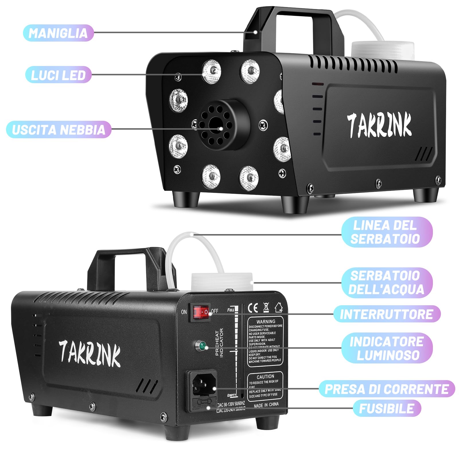 TAKRINK Macchina per Fumo 900W con 8 Luci LED RGB e Telecomando Wireless