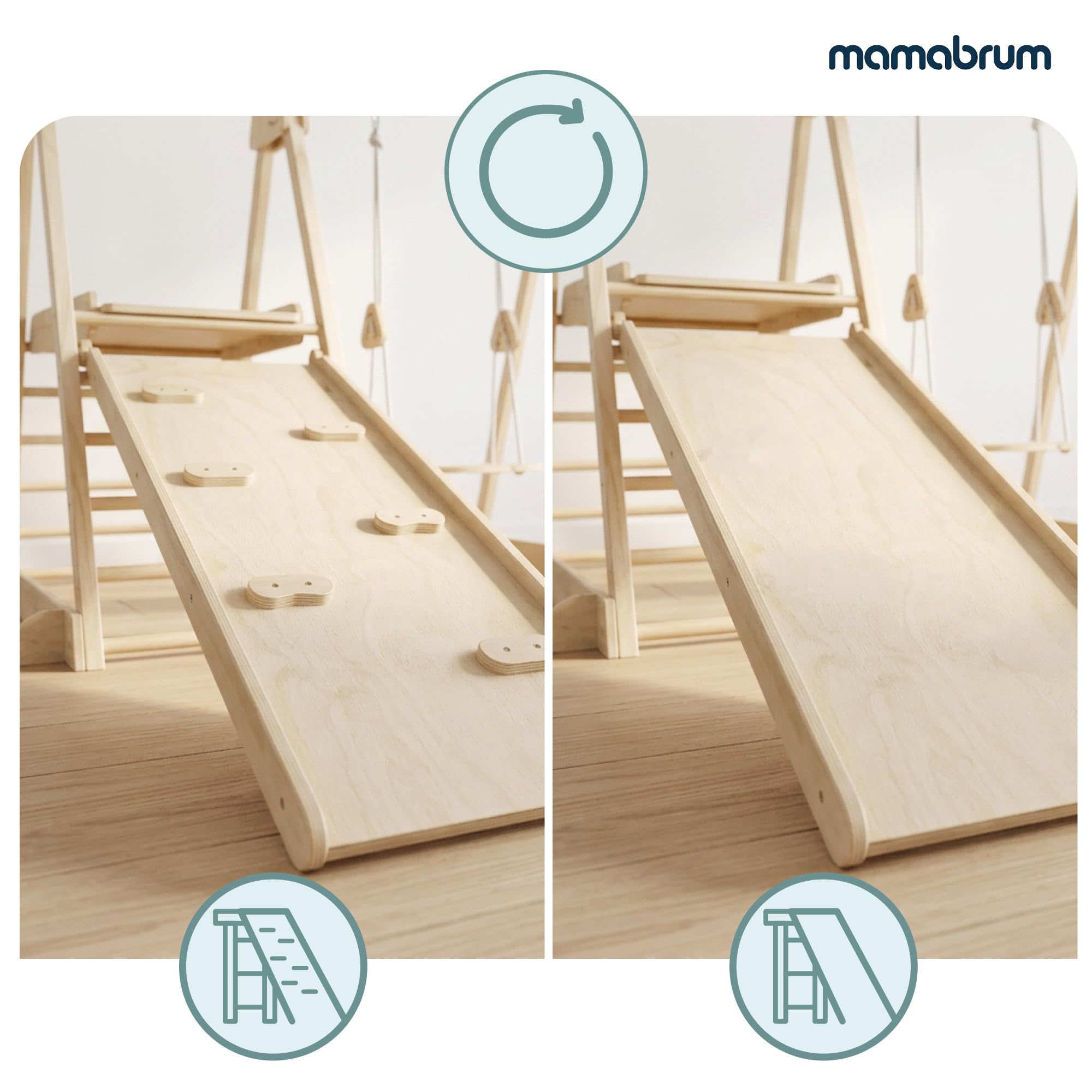 Mamabrum Indoor Spielplatz aus Holz 3in1 mit Rutsche, Kletterwand und Schaukel, klappbares Montessori Bewegungsset aus Buche, 118 x 105 x 119,5 cm, ab 3 Jahren