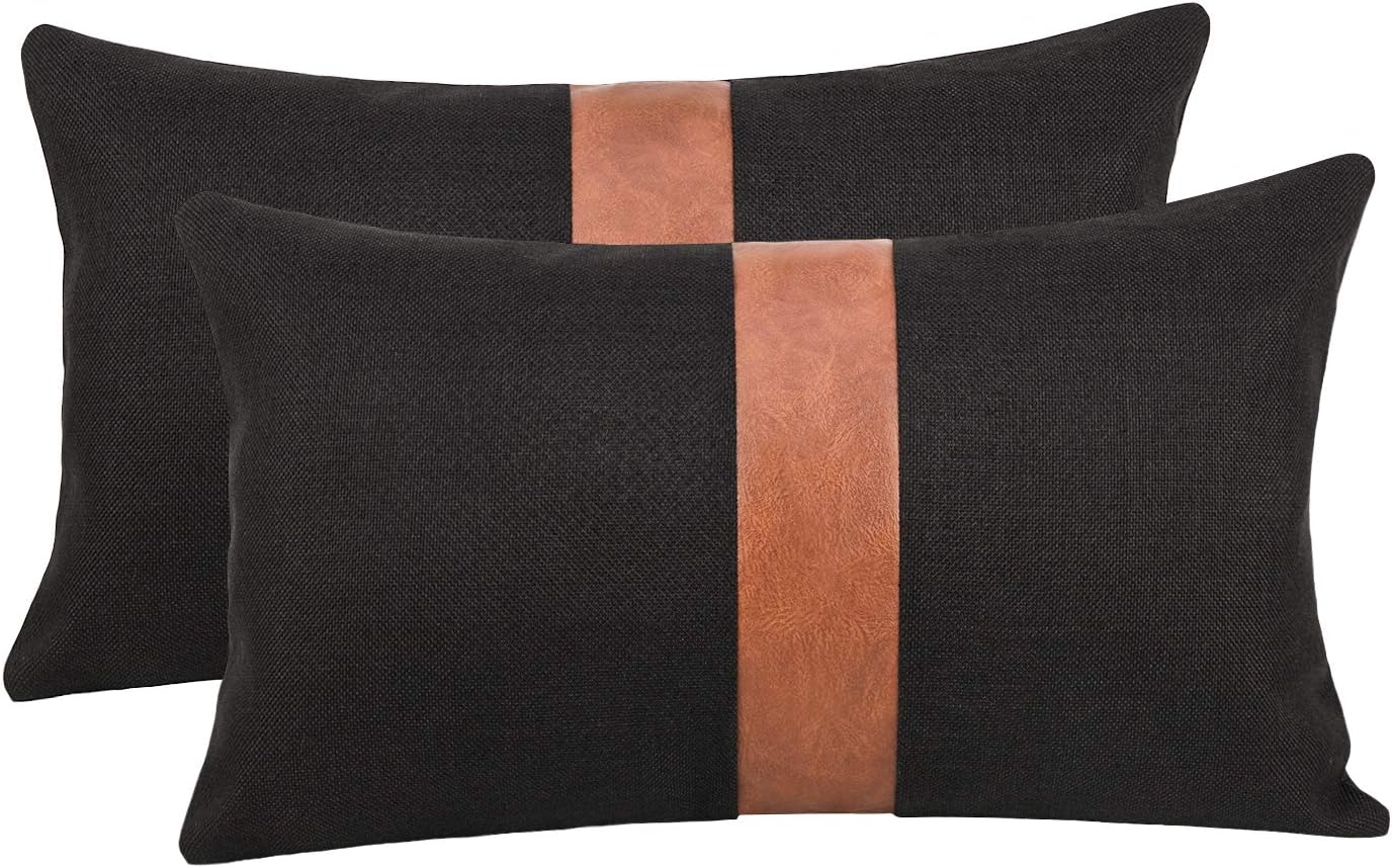 Set of 2 White Linen Patchwork Faux Leather Throw Pillow Covers for Couch Living Room Bedroom, Modern Accent Decor Square Cushion Covers 18X18 inch, Brown and White : Home & Kitchen
