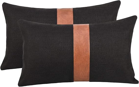 cygnus Set of 2 Black Linen Patchwork Faux Leather Throw Lumbar Pillow Covers for Couch Living Room Bedroom,Modern Accent Decor Lumbar Covers 12X20 inch, Brown and Black