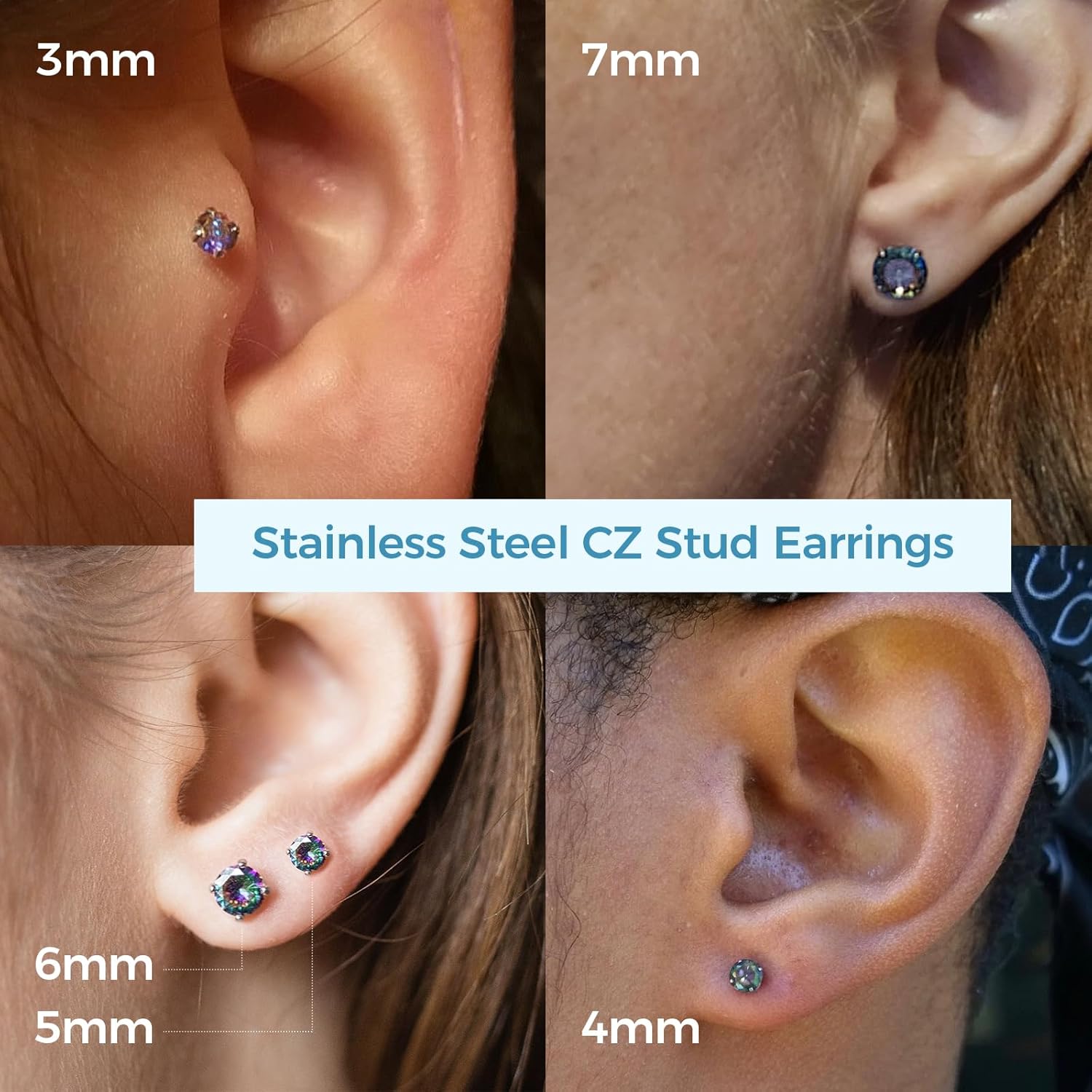 5 Pairs Stud Earrings for Women, Hypoallergenic Cubic Zirconia Silver Black 316L Surgical Stainless Steel Rainbow CZ Earrings Set 3-7mm - Image 5