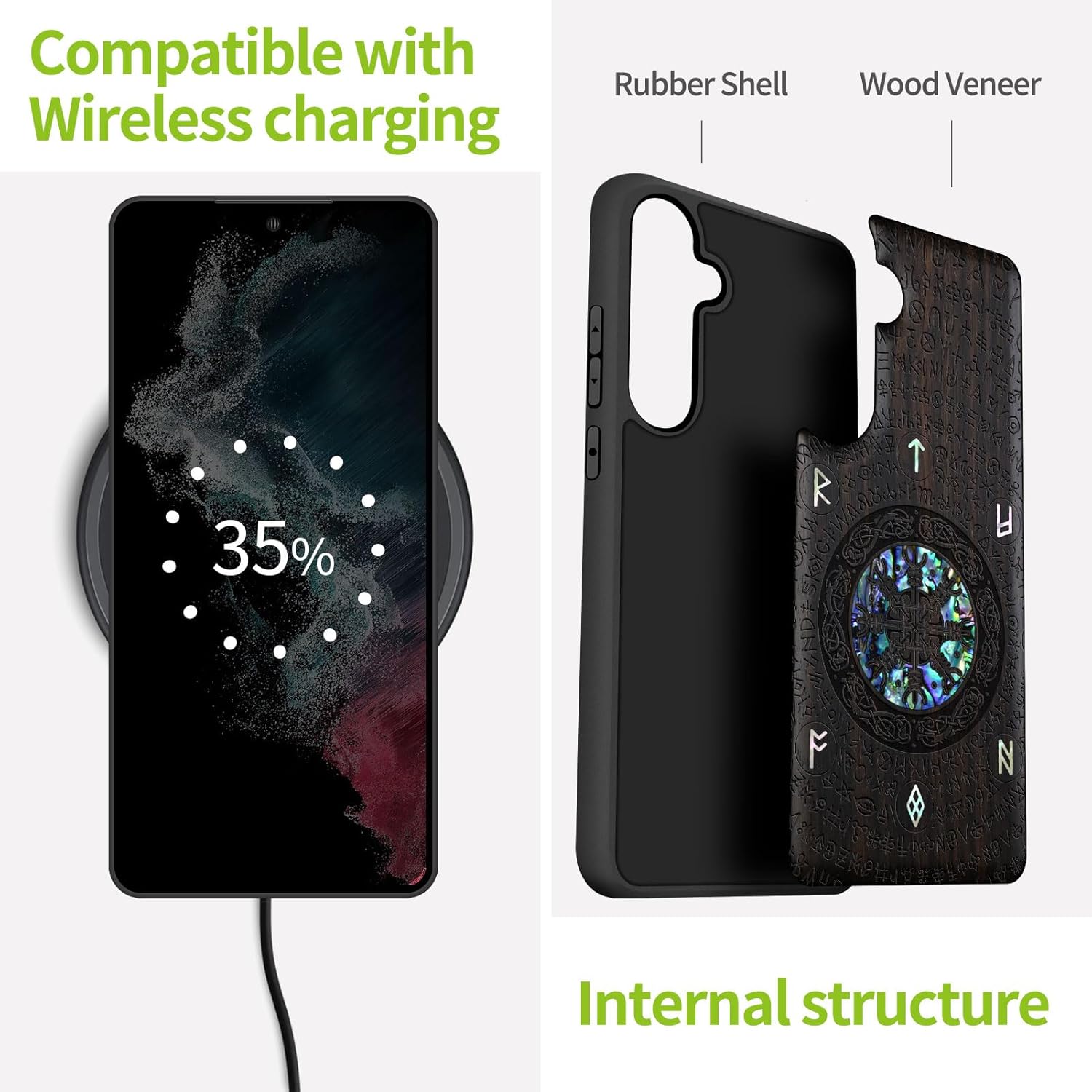 Carveit Designer Wooden Case for Samsung Galaxy S24 Case [Wood Engraving & Shell Inlay] Compatible with Wireless Chargers S24 Cover (Viking-Blackwood)