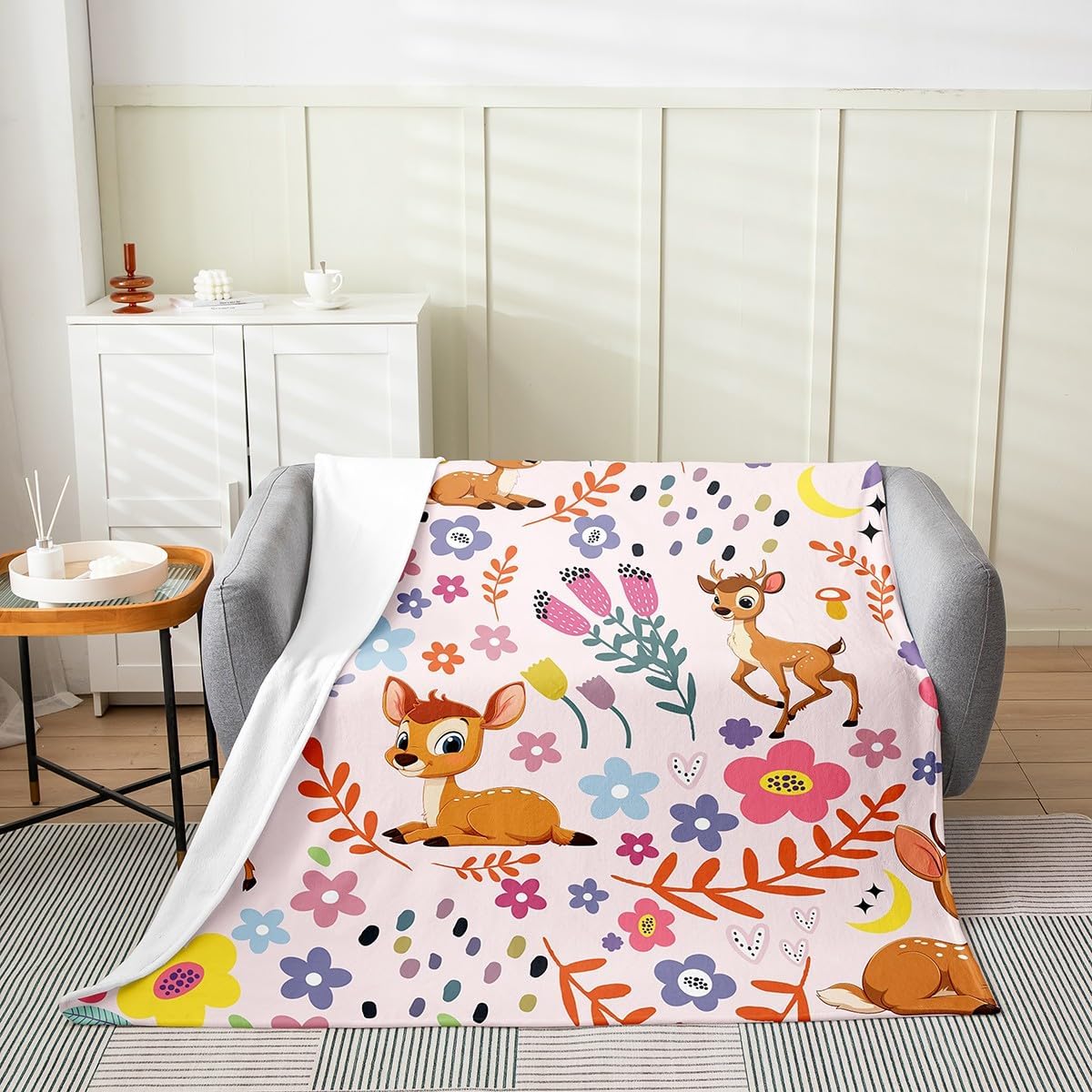 Erosebridal Floral Deer Bed Blanket for Kids Boys Girls,Cute Pink Cow Flannel Blanket Queen 90x90 inch,Colorful Vintage Kids Deer Flower Tulip Throw Blanket,Cartoon Fleece Blanket for Bedroom