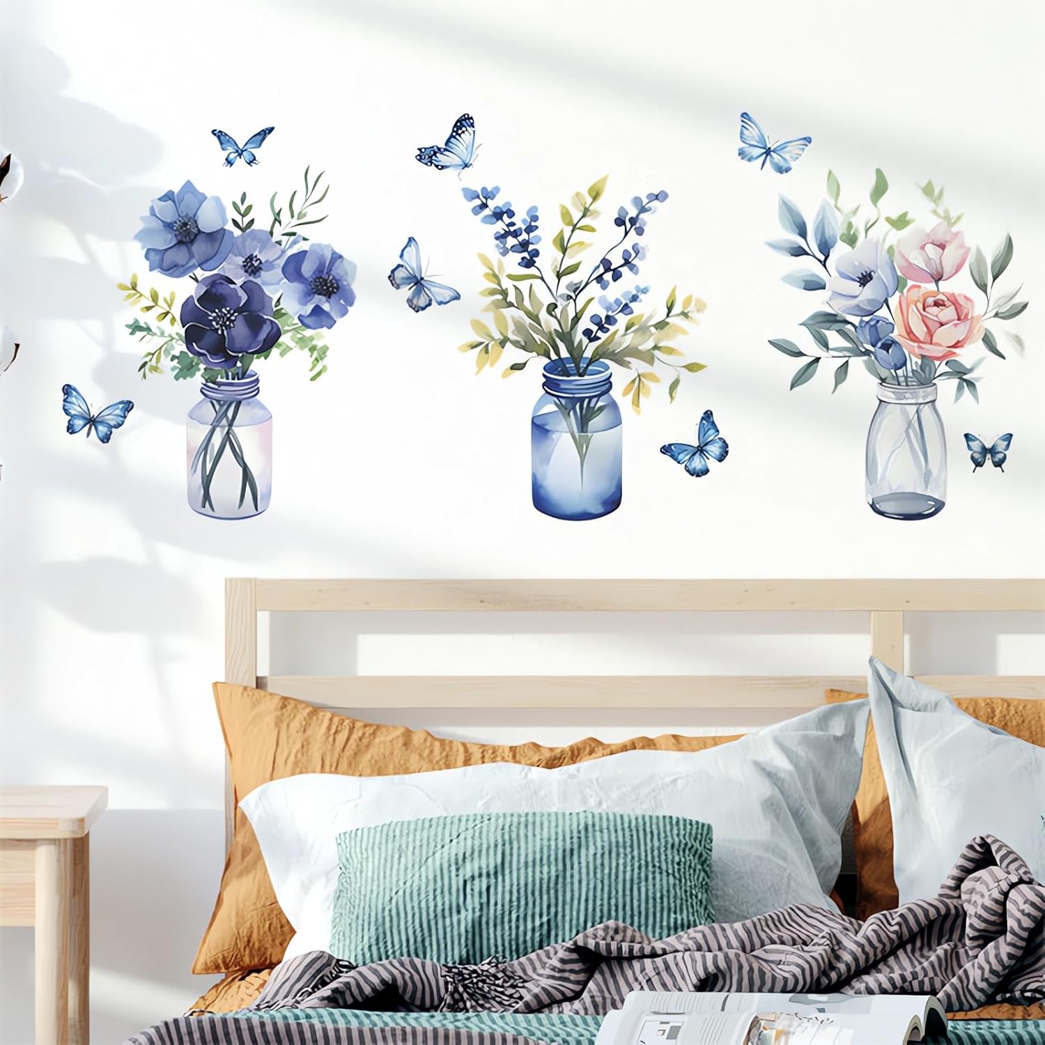 Blue Flower Vase Butterfly Wall Stickers, sacinora Floral Art DIY Wall Decals Removable Vinyl Peel and Stick for Living Room Bedroom Study Room Nursery Decorations