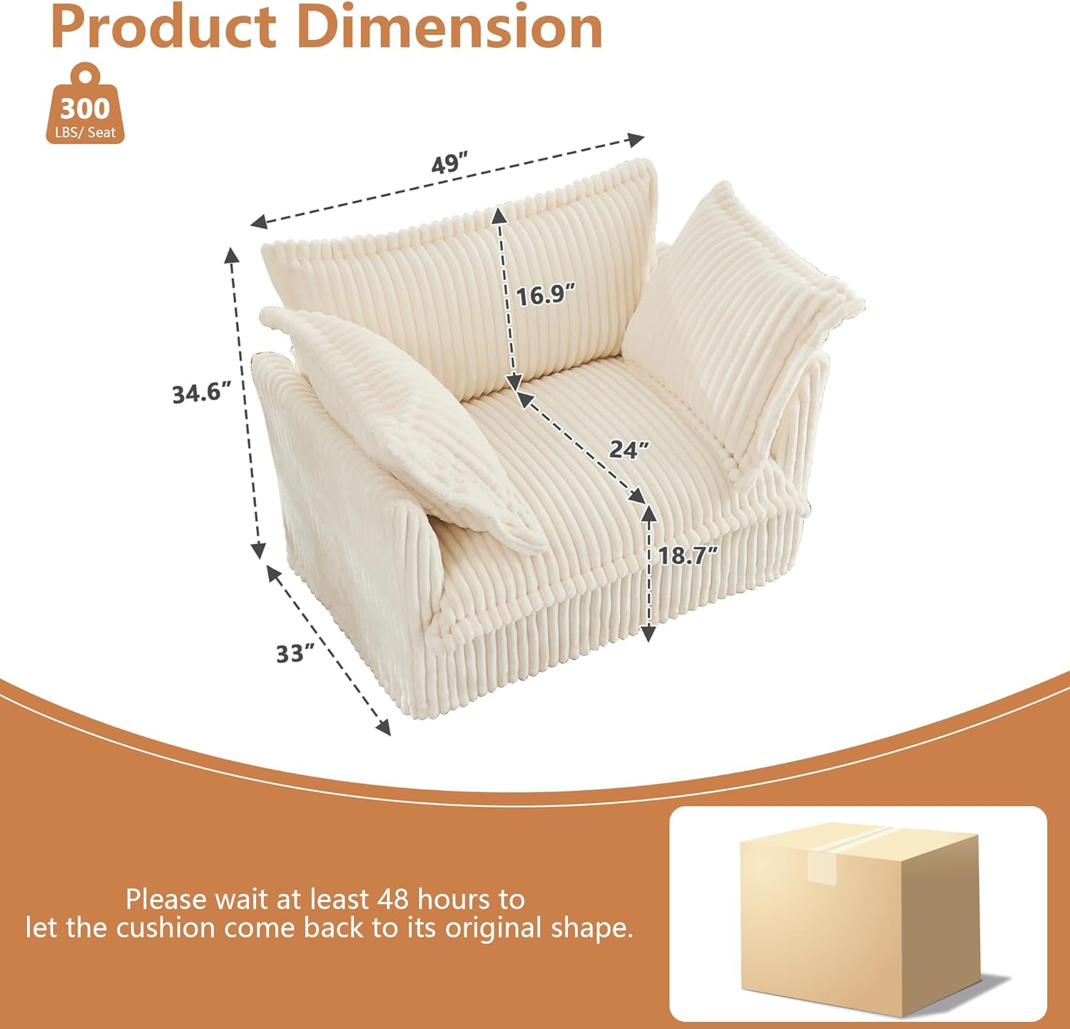 Aoowow Oversized Modular Sectional Sofa Chair, 49” Corduroy Fabric Single Armchair Comfy Deep Seat Couch Sofa with Big Toss Pillows for Living Room Apartment Office(Cream-Corduroy)