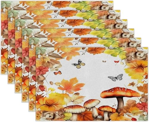 Miniatura 3 de Juego de 6 manteles individuales de otoño con diseño de hongos y mariposas, lavables, resistentes al calor, 12 x 18 pulgadas, antideslizantes,