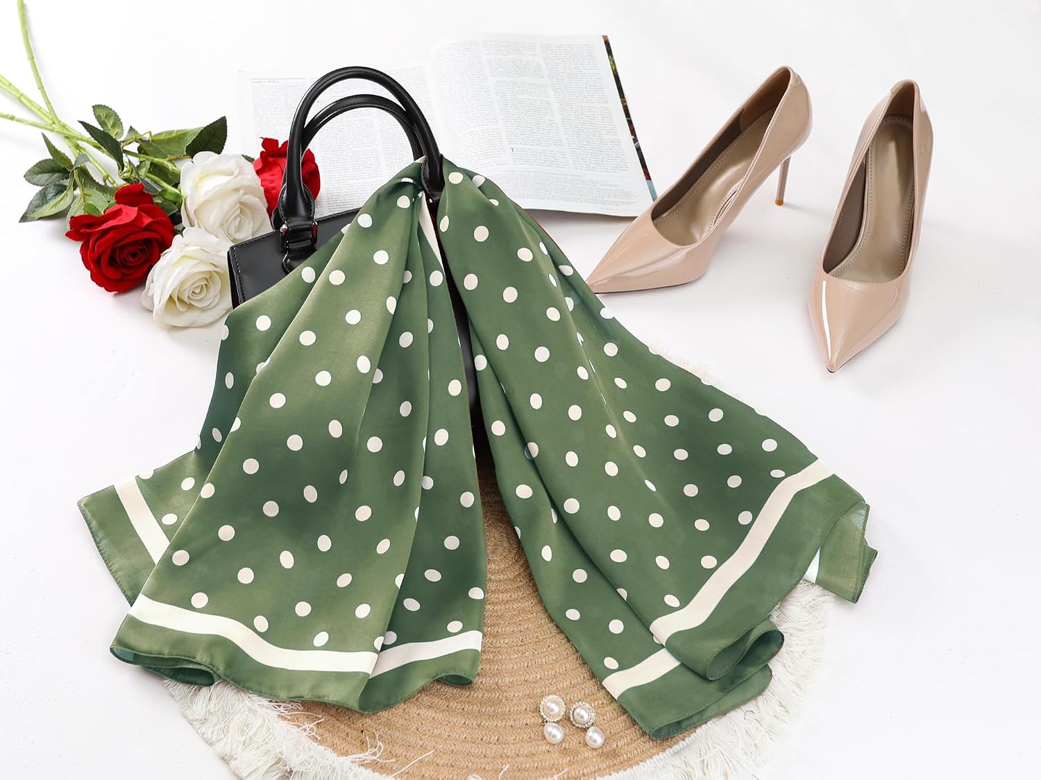 Women Polka Dots 35" Large Scarf, Vintage Satin Silk Like Square Neckerchief Head Wrap Bandanas Neck Scarves image 5