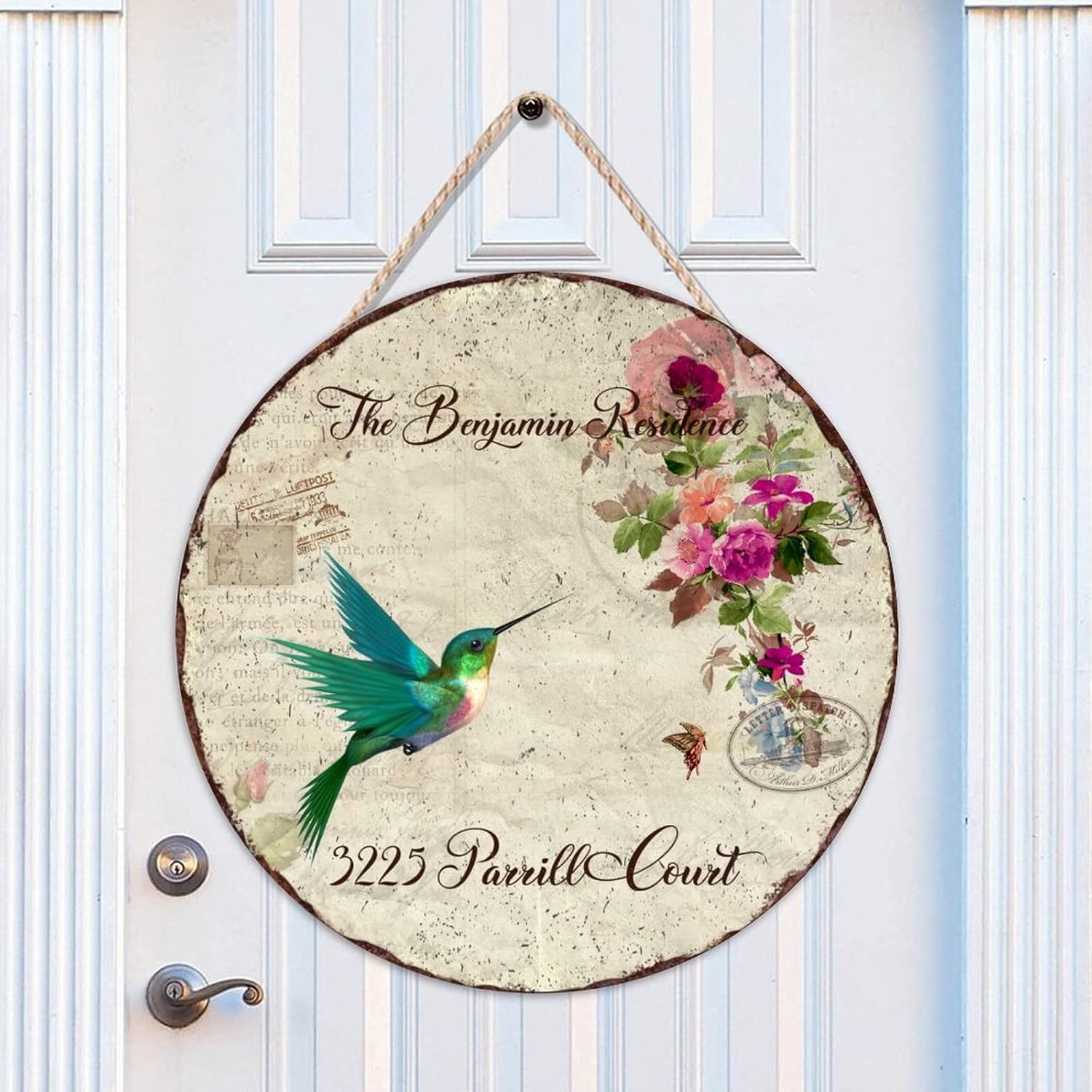 Custom Name Home Address Hummingbird Rustic Wood Door Sign, Front Door Round Wood Sign, 18" x18" Wall Hanging Sign Plaque, Welcome for Front Door Entryway Porch Bar Pub Housewarming Gifts