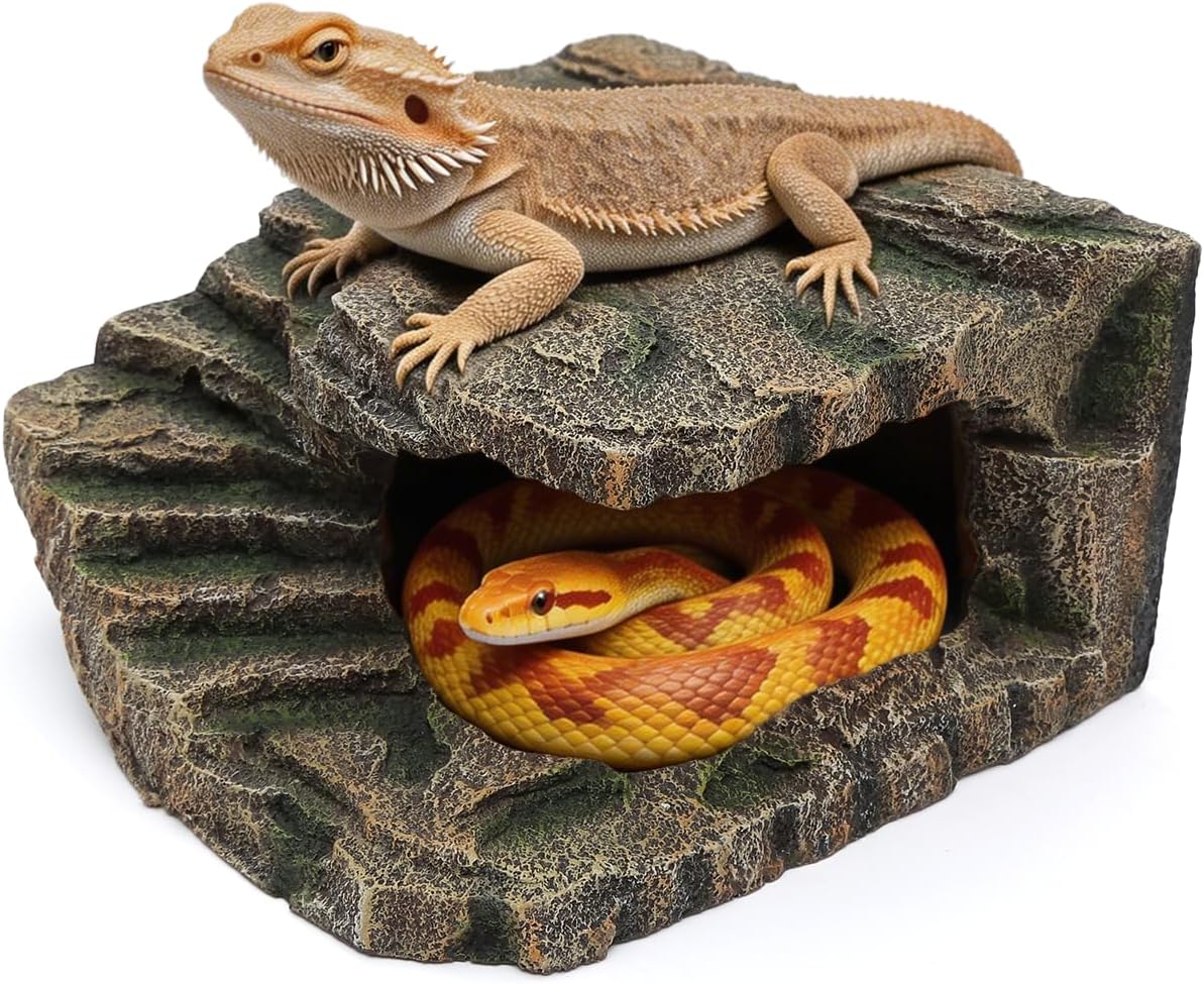Extra Large Resin Reptile Cave Hideout, Rock-Style Basking Platform, Aquarium and Terrarium Decor, Ideal for Reptiles, Amphibians, and Fish