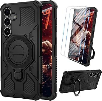 Vaki for Samsung Galaxy S25 Case with Tempered Glass Screen Protector, Heavy Duty Military Grade Shockproof Protective Cover 360 Ring Magnetic Kickstand Armor Cell Phone Case for Samsung S25 Black