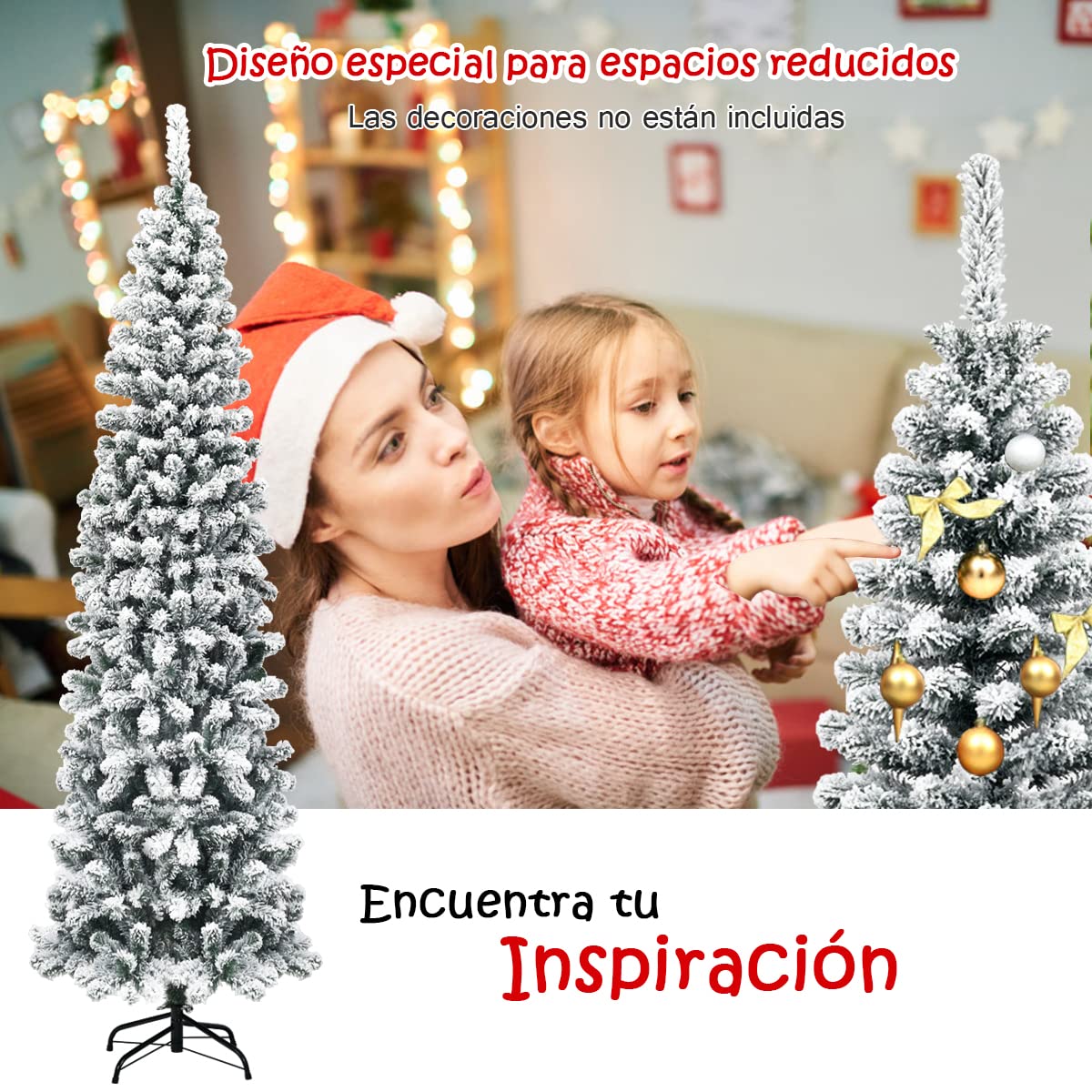 COSTWAY 225cm Árbol de Navidad Artificial Nevado, Agujas de PVC de 641 Puntas, Árbol de Navidad Slim/Estrecho, Soporte de Metal, Decorativa Nieve para Hogar Oficina Fiesta (225 cm)