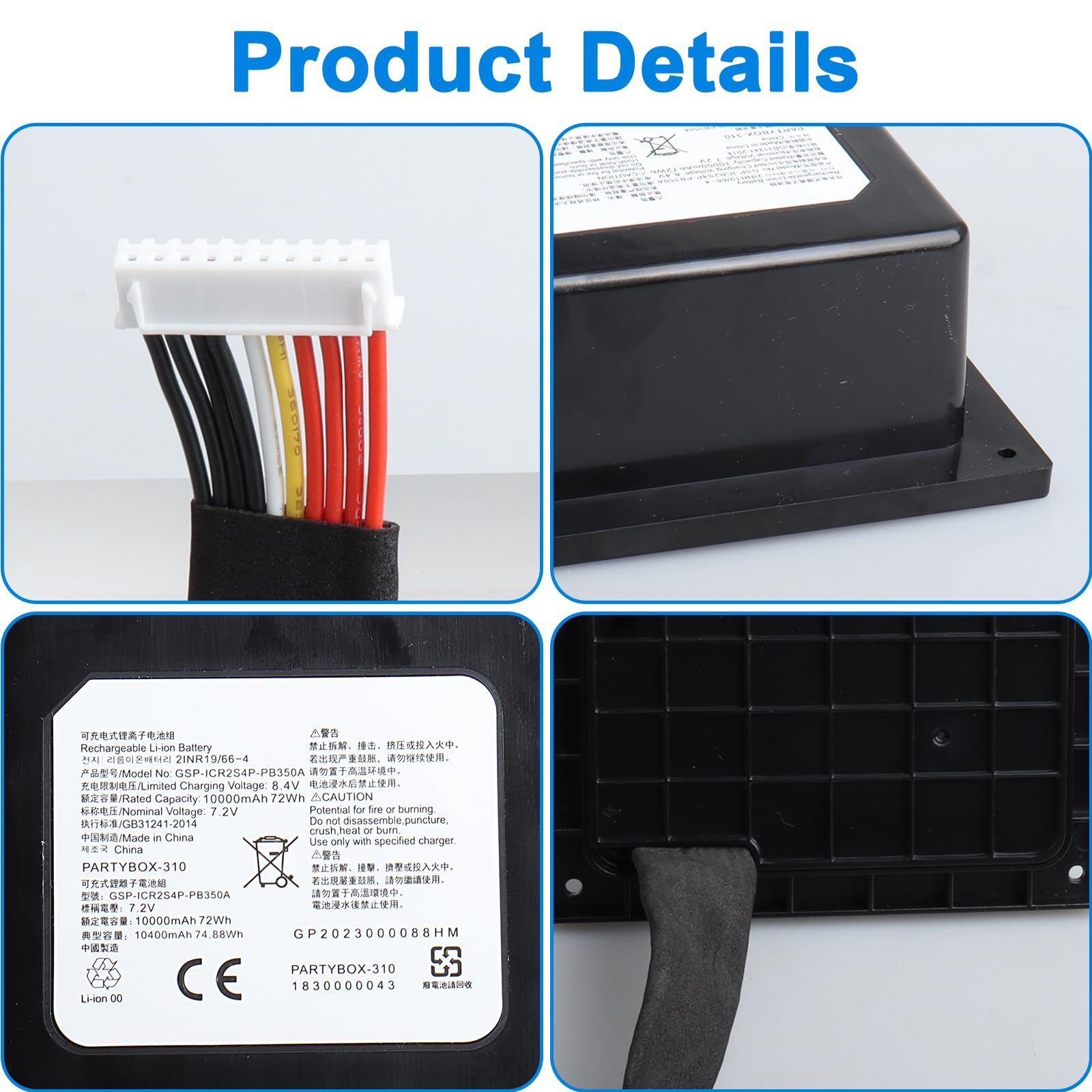 7,2 V 10000 mAh Batterie PartyBox 310 Compatible avec Les Enceintes Bluetooth Portables JBL PartyBox 310 SUN-INTE-125