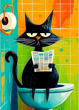 Bgraamiens Privacy Please 1000 Piece Jigsaw Puzzle Funny Cat on Toilet with Newspaper Whimsical Bathroom Humor Puzzle for Adults, Vibrant Colors, Challenging and Relaxing