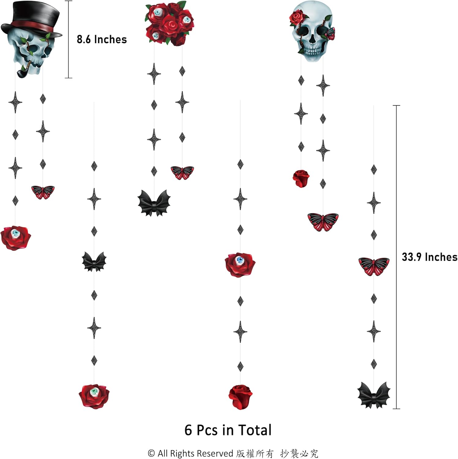 Cheerland Bundle Rose Skull Halloween Short Garland 6 pcs Backdrop & 4pcs Garland Red Rose Butterfly Eyeballs Black Red Backdrop Banners & 7 x 5 ft Backdrop Fabric