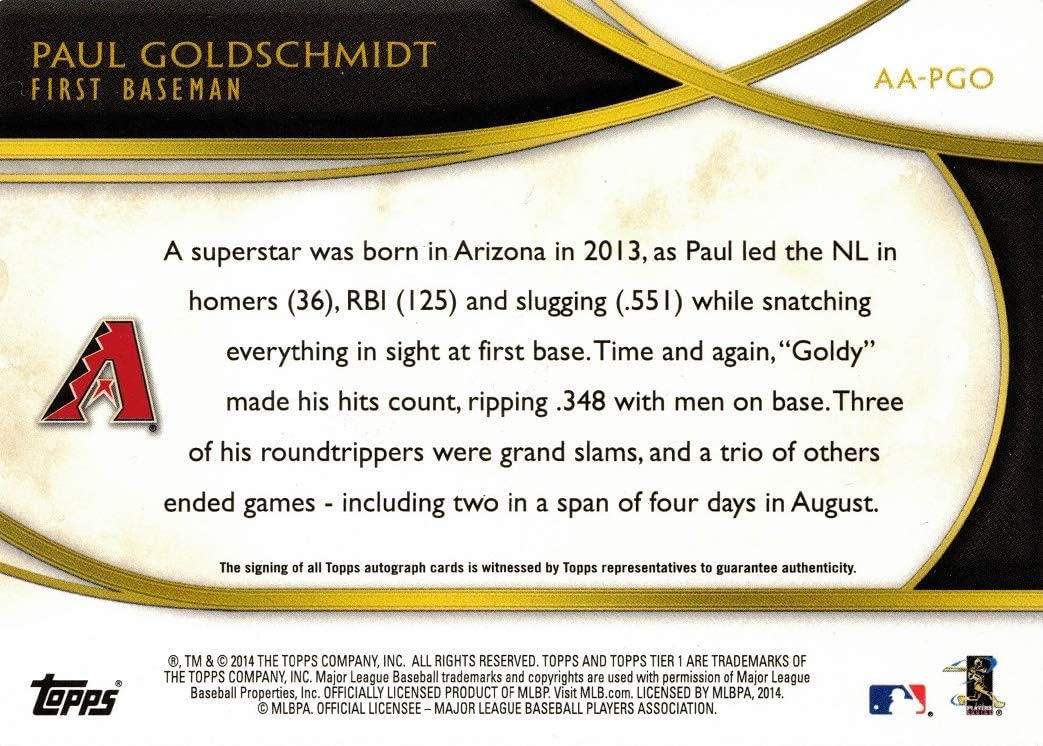 2014 Topps Tier One Acclaimed Autographs #AA-PGO Paul Goldschmidt Certified Autograph Baseball Card - Only 299 made!