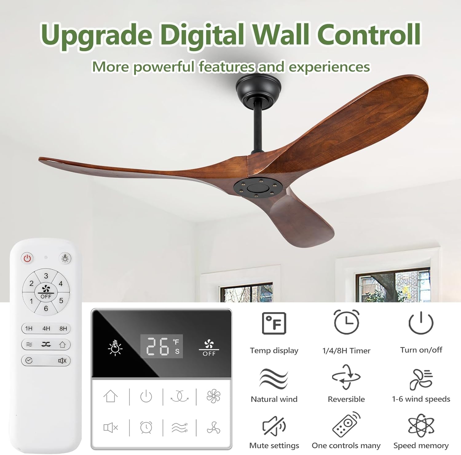 52 inch walnut outdoor ceiling fan no light, solid wood ceiling fans without lights, mid-sized modern 3 blade quiet dc ceiling fans for slanted ceilings, rustic wood ceiling fan for garage walnut 52 inch