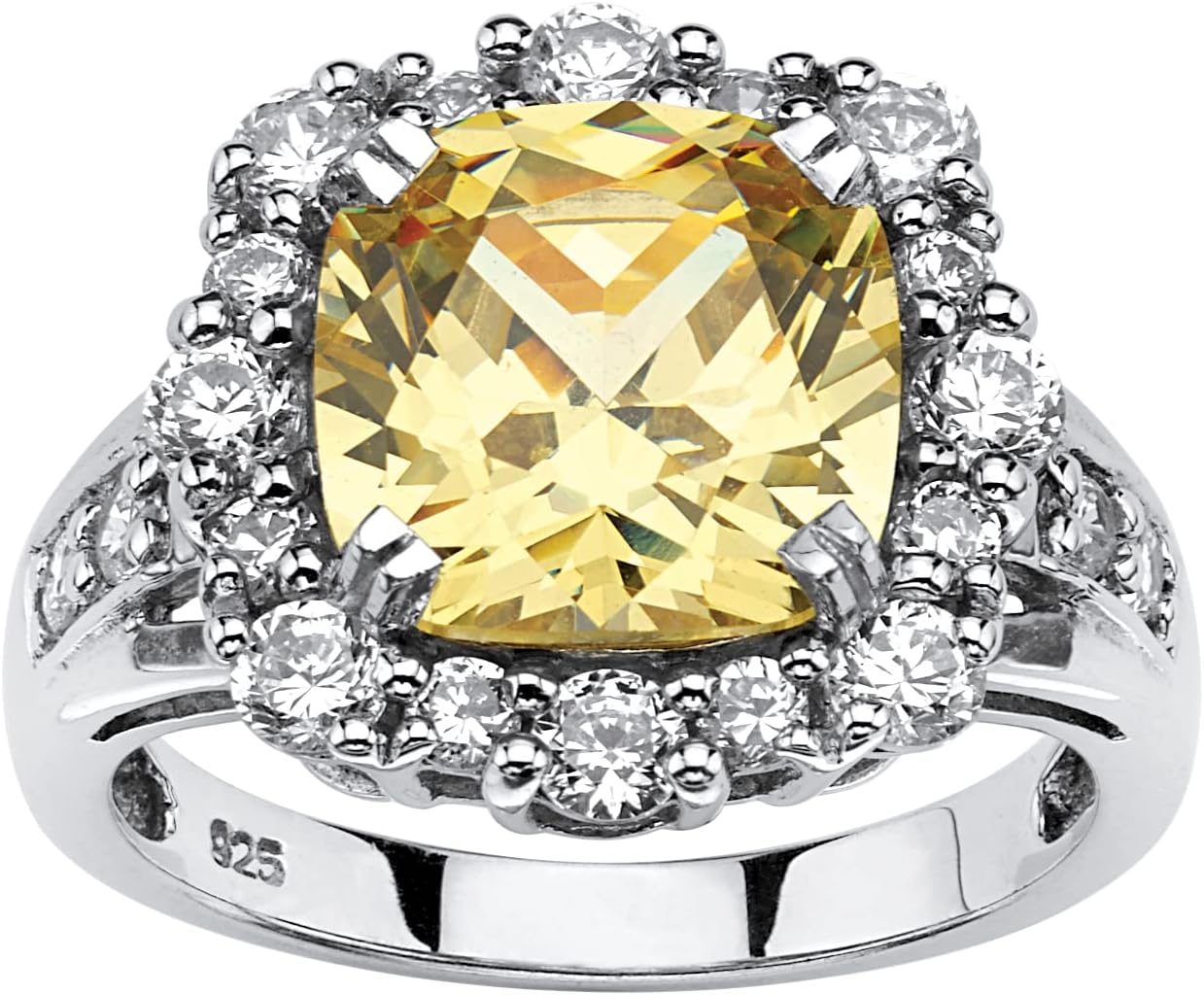 PalmBeach Platinum-plated Sterling Silver Cushion Canary Cubic Zirconia Halo Ring Sizes 5-10